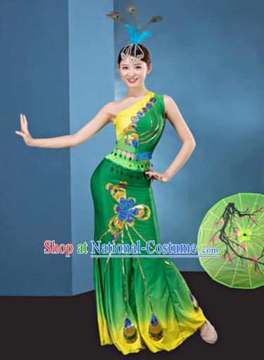 Traditional Chinese Dai Nationality Folk Dance Green Dress National Ethnic Peacock Dance Costume for Women