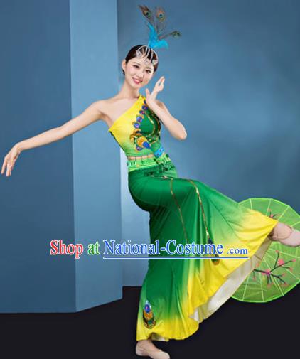 Traditional Chinese Dai Nationality Folk Dance Green Dress National Ethnic Peacock Dance Costume for Women