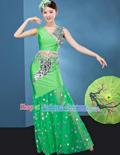 Traditional Chinese Dai Nationality Folk Dance Green Veil Dress National Ethnic Peacock Dance Costume for Women