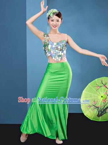 Traditional Chinese Dai Nationality Folk Dance Green Silk Dress National Ethnic Peacock Dance Costume for Women