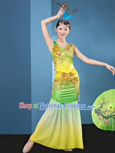 Traditional Chinese Dai Nationality Folk Dance Yellow Dress National Ethnic Peacock Dance Costume for Women