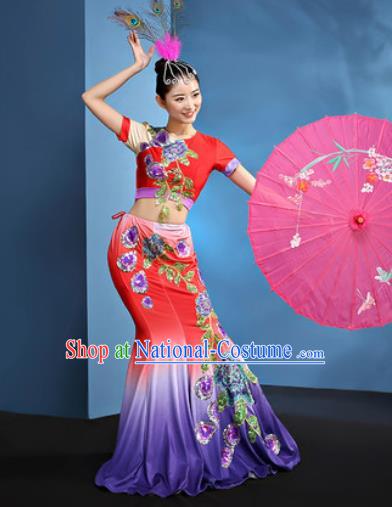 Traditional Chinese Dai Nationality Folk Dance Red Dress National Ethnic Peacock Dance Costume for Women