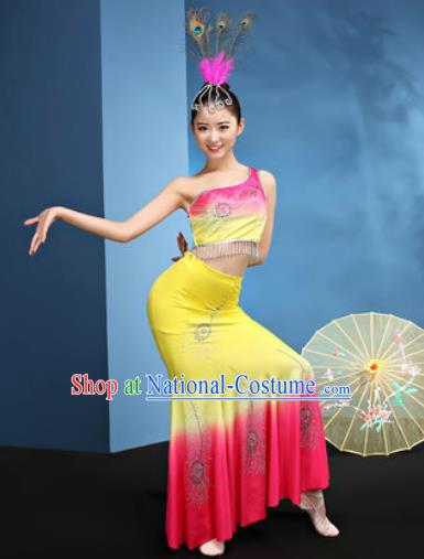 Traditional Chinese Dai Nationality Yellow Dress National Ethnic Folk Dance Peacock Dance Costume for Women