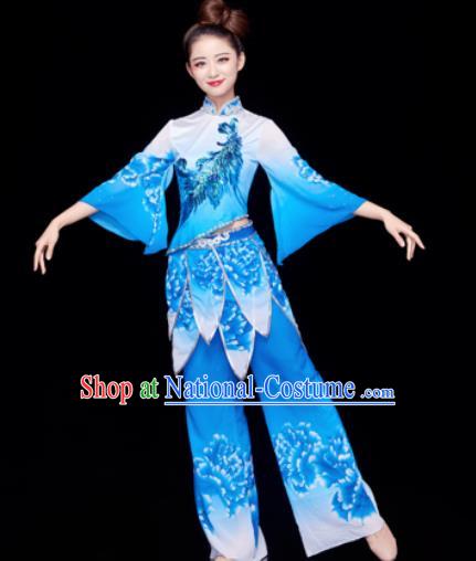 Traditional Chinese Spring Festival Folk Dance Blue Clothing Yangko Dance Fan Dance Costume for Women