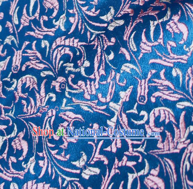 Asian Chinese Royal Feather Flowers Pattern Blue Brocade Fabric Traditional Silk Fabric Tang Suit Material