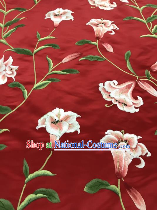 Asian Chinese Embroidered Lily Flowers Pattern Red Silk Fabric Material Traditional Cheongsam Brocade Fabric