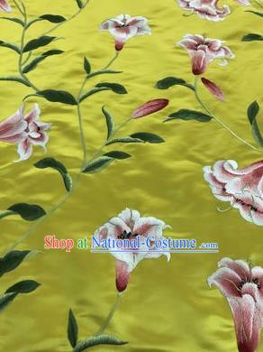 Asian Chinese Embroidered Lily Flowers Pattern Yellow Silk Fabric Material Traditional Cheongsam Brocade Fabric