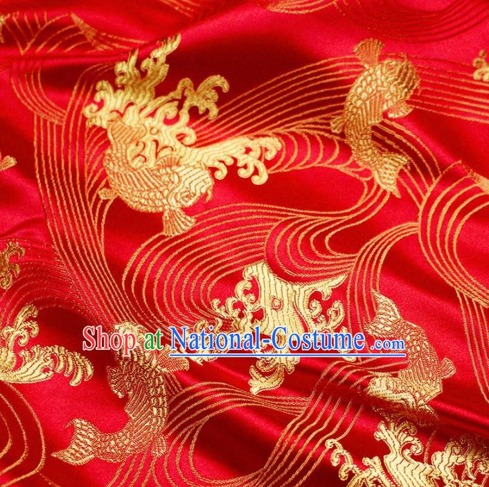 Asian Chinese Royal Carp Pattern Red Brocade Fabric Traditional Silk Fabric Tang Suit Material