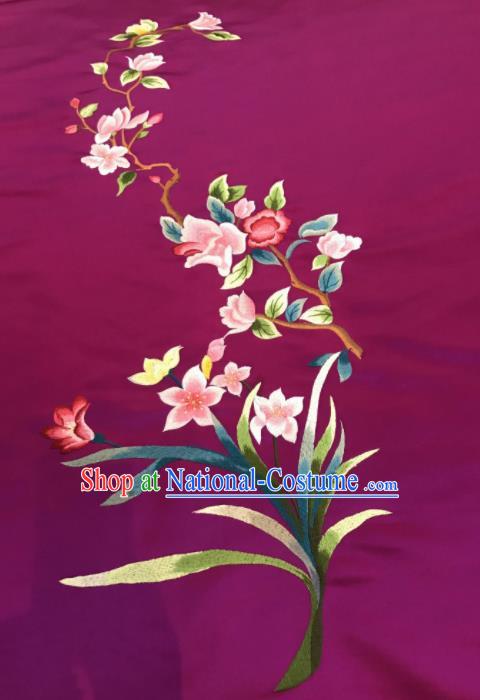 Asian Chinese Embroidered Orchid Pattern Purple Silk Fabric Material Traditional Cheongsam Brocade Fabric