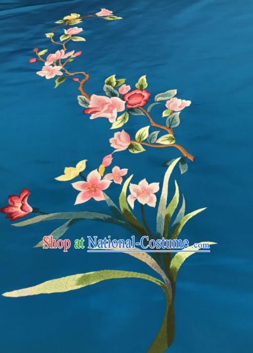 Asian Chinese Embroidered Orchid Pattern Blue Silk Fabric Material Traditional Cheongsam Brocade Fabric