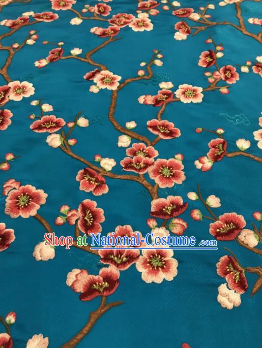 Asian Chinese Suzhou Embroidered Wintersweet Pattern Blue Silk Fabric Material Traditional Cheongsam Brocade Fabric