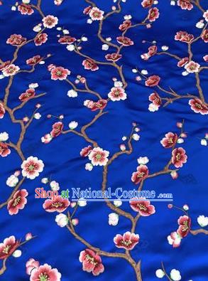 Asian Chinese Suzhou Embroidered Wintersweet Pattern Deep Blue Silk Fabric Material Traditional Cheongsam Brocade Fabric