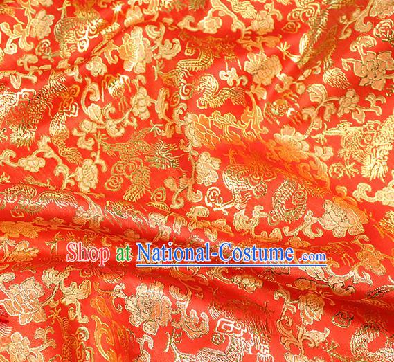 Asian Chinese Royal Golden Dragon Peony Pattern Red Brocade Fabric Traditional Silk Fabric Tang Suit Material