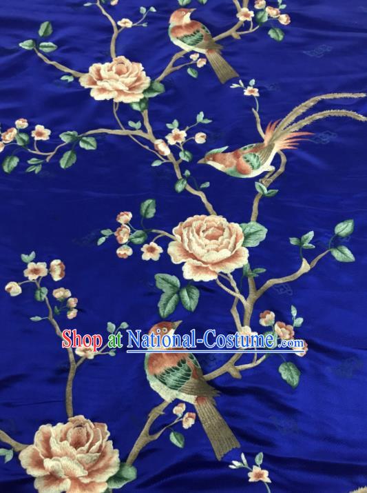 Asian Chinese Royal Embroidered Peony Birds Pattern Royalblue Brocade Fabric Traditional Cheongsam Silk Fabric Material