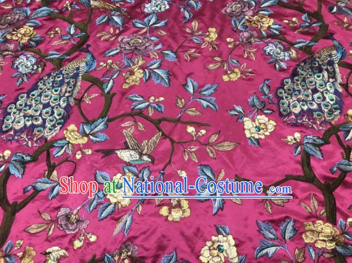 Asian Chinese Suzhou Embroidered Peacock Pattern Rosy Silk Fabric Material Traditional Cheongsam Brocade Fabric