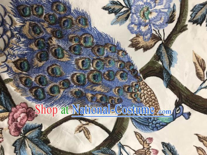 Asian Chinese Suzhou Embroidered Peacock Pattern White Silk Fabric Material Traditional Cheongsam Brocade Fabric