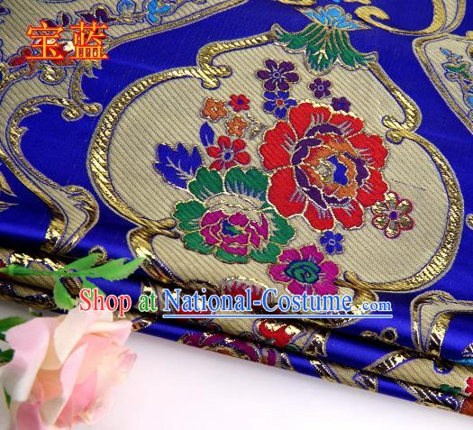 Asian Chinese Traditional Royal Peony Pattern Royalblue Satin Nanjing Brocade Fabric Tang Suit Silk Material