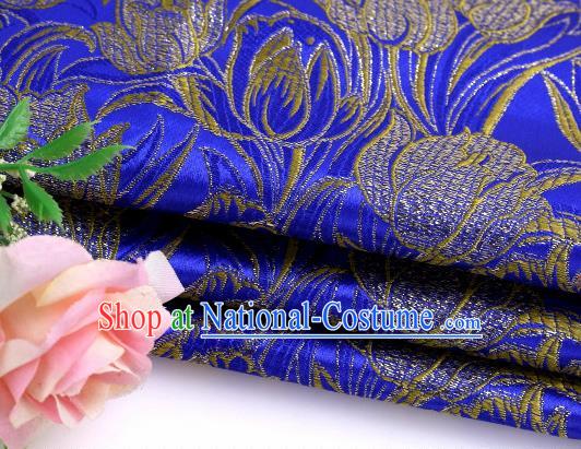 Asian Chinese Traditional Royal Tulip Pattern Royalblue Satin Nanjing Brocade Fabric Tang Suit Silk Material