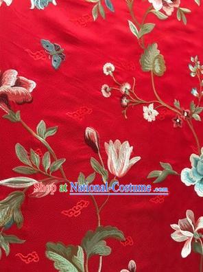 Asian Chinese Suzhou Embroidered Twine Peony Pattern Red Silk Fabric Material Traditional Cheongsam Brocade Fabric