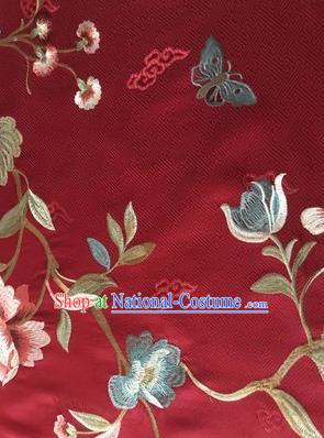 Asian Chinese Suzhou Embroidered Twine Peony Pattern Wine Red Silk Fabric Material Traditional Cheongsam Brocade Fabric