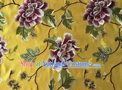 Asian Chinese Traditional Cheongsam Yellow Brocade Fabric Suzhou Embroidered Peony Pattern Silk Fabric Material