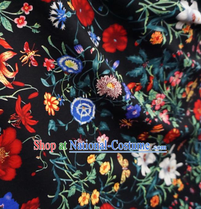 Asian Chinese Traditional Fabric Flowers Pattern Tang Suit Black Cotton Material