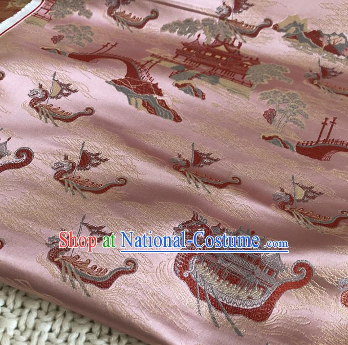 Asian Chinese Classical Dragon Boat Design Pattern Pink Brocade Traditional Cheongsam Satin Fabric Tang Suit Silk Material