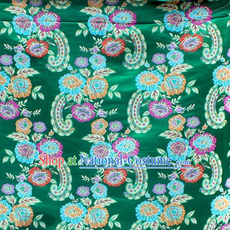 Asian Chinese Classical Flowers Pattern Green Nanjing Brocade Traditional Tibetan Robe Satin Fabric Silk Material