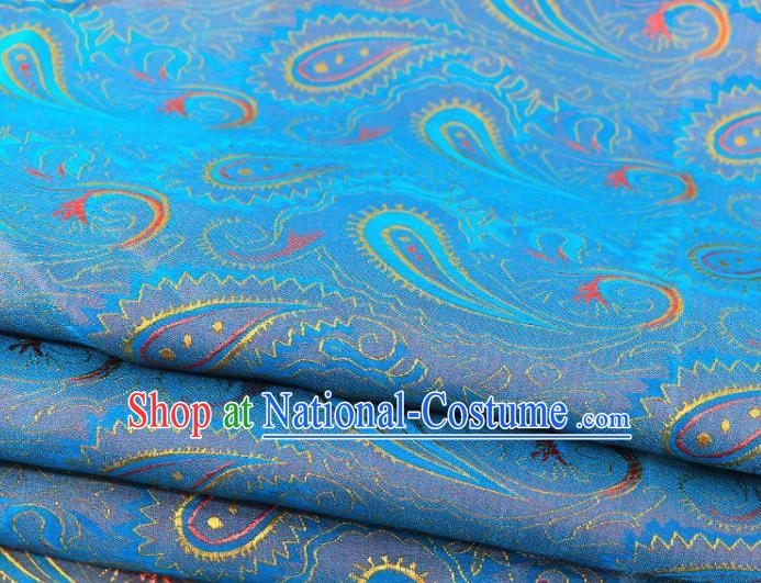 Asian Chinese Classical Peacock Pattern Blue Brocade Traditional Tibetan Robe Satin Fabric Silk Material