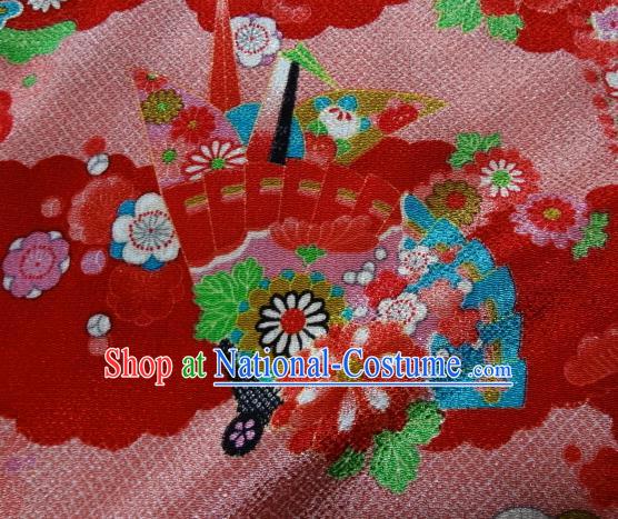 Asian Traditional Classical Paper Crane Fan Pattern Red Tapestry Satin Nishijin Brocade Fabric Japanese Kimono Silk Material