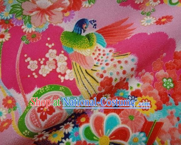 Asian Traditional Classical Peacock Pattern Pink Tapestry Satin Brocade Fabric Japanese Kimono Silk Material