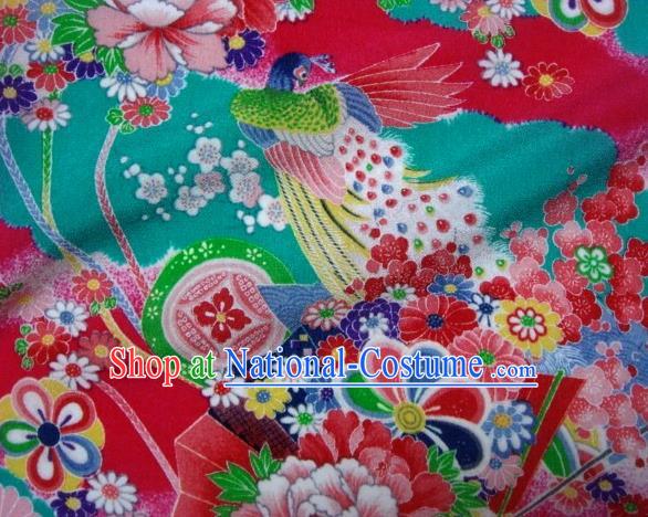 Asian Traditional Classical Peacock Pattern Blue Tapestry Satin Brocade Fabric Japanese Kimono Silk Material