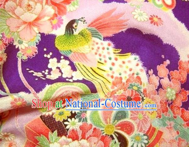 Asian Traditional Classical Peacock Pattern Purple Tapestry Satin Brocade Fabric Japanese Kimono Silk Material