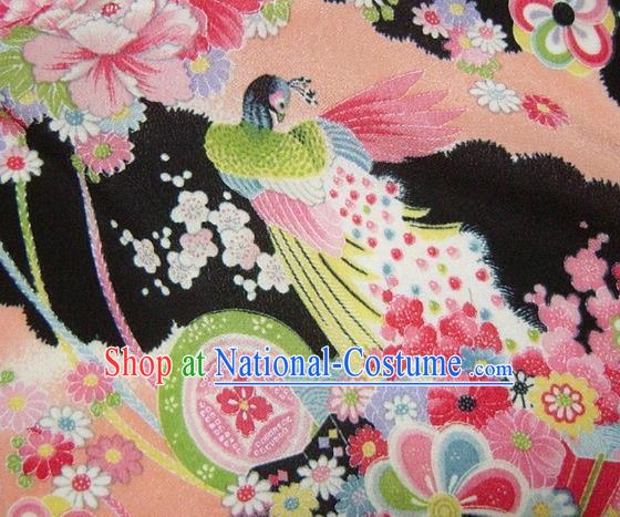 Asian Traditional Classical Peacock Pattern Black Tapestry Satin Brocade Fabric Japanese Kimono Silk Material