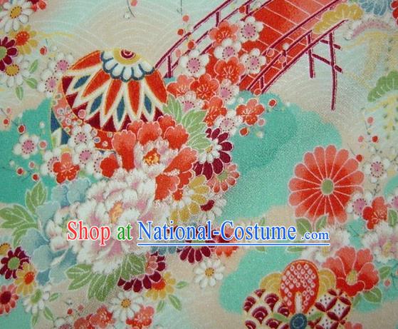 Asian Traditional Classical Peony Pattern Green Brocade Tapestry Satin Fabric Japanese Kimono Silk Material