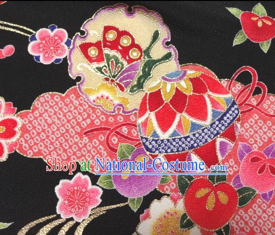 Asian Traditional Kimono Classical Ball Pattern Black Brocade Tapestry Satin Fabric Japanese Kyoto Silk Material