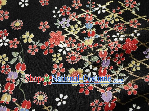 Asian Traditional Kimono Classical Primula Obconica Hance Pattern Black Brocade Tapestry Satin Fabric Japanese Kyoto Silk Material