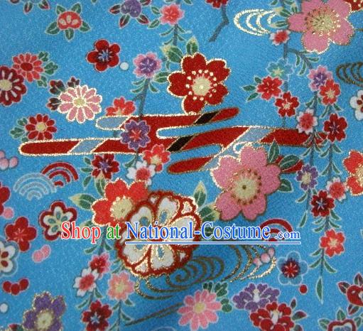 Asian Traditional Kimono Classical Primula Obconica Hance Pattern Blue Brocade Tapestry Satin Fabric Japanese Kyoto Silk Material