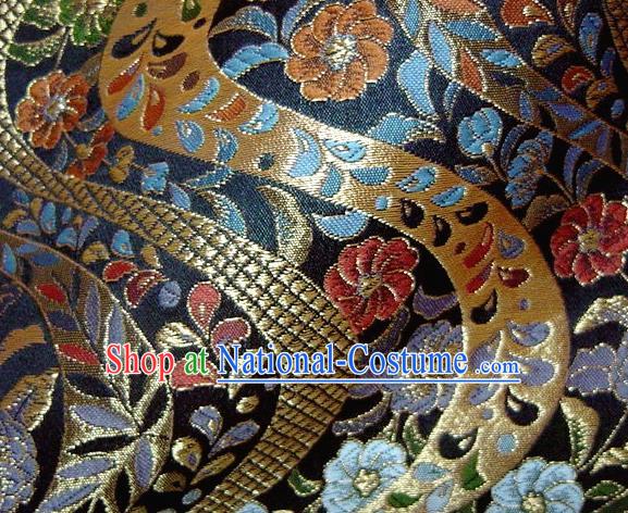 Asian Traditional Baldachin Classical Flowers Pattern Navy Brocade Fabric Japanese Kimono Tapestry Satin Silk Material