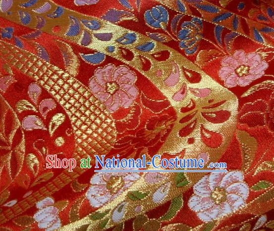 Asian Traditional Baldachin Classical Flowers Pattern Red Brocade Fabric Japanese Kimono Tapestry Satin Silk Material