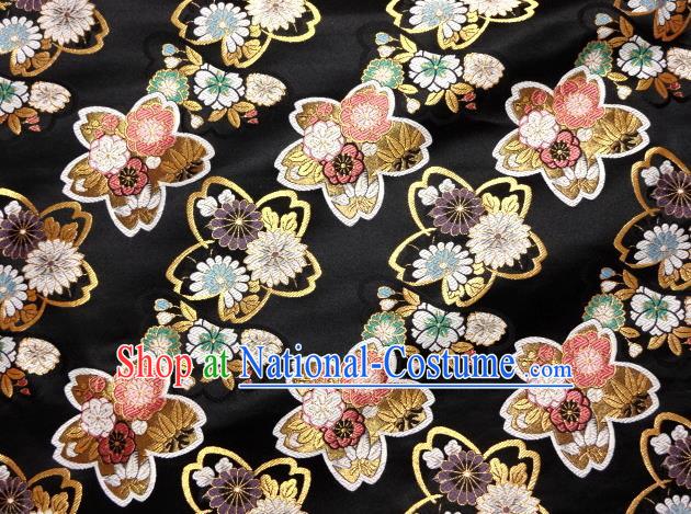 Asian Traditional Baldachin Classical Sakura Daisy Pattern Black Brocade Fabric Japanese Kimono Tapestry Satin Silk Material