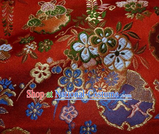 Asian Traditional Red Baldachin Classical Sakura Pattern Brocade Fabric Japanese Kimono Tapestry Satin Silk Material