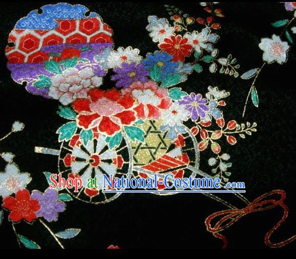 Asian Traditional Kimono Classical Flowers Gharry Pattern Black Brocade Tapestry Satin Fabric Japanese Kyoto Silk Material