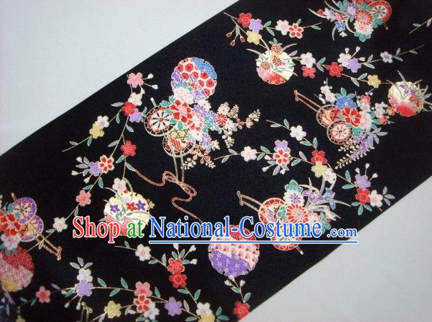 Asian Traditional Kimono Classical Flowers Gharry Pattern Black Brocade Tapestry Satin Fabric Japanese Kyoto Silk Material