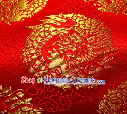 Asian Traditional Baldachin Classical Round Dragons Pattern Red Brocade Fabric Japanese Kimono Tapestry Satin Silk Material