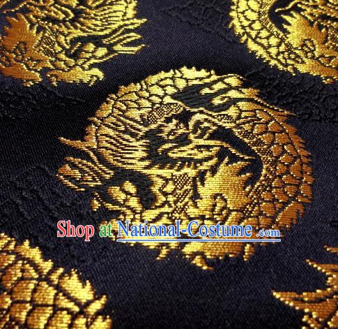 Asian Traditional Baldachin Classical Round Dragons Pattern Black Brocade Fabric Japanese Kimono Tapestry Satin Silk Material