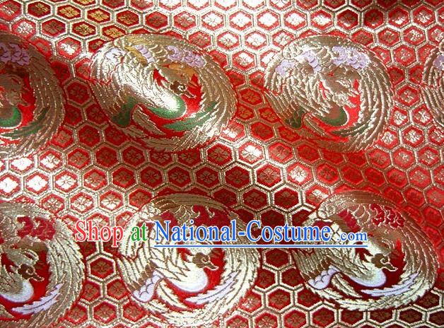 Asian Traditional Baldachin Classical Round Phoenix Pattern Red Brocade Fabric Japanese Kimono Tapestry Satin Silk Material