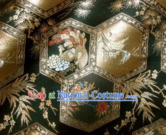 Asian Japanese Traditional Brocade Classical Peacock Pattern Black Baldachin Fabric Kimono Tapestry Satin Silk Material