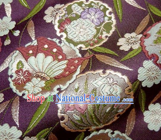 Asian Japanese Traditional Brocade Classical Bamboo Leaf Pattern Purple Baldachin Fabric Kimono Tapestry Satin Silk Material