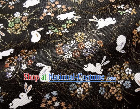 Asian Japanese Traditional Brocade Classical Rabbit Pattern Black Baldachin Fabric Kimono Tapestry Satin Silk Material